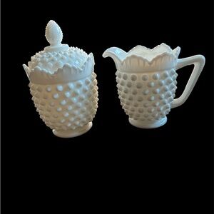 Vintage hobnail creamer & sugar bowl set milk glass 4 “